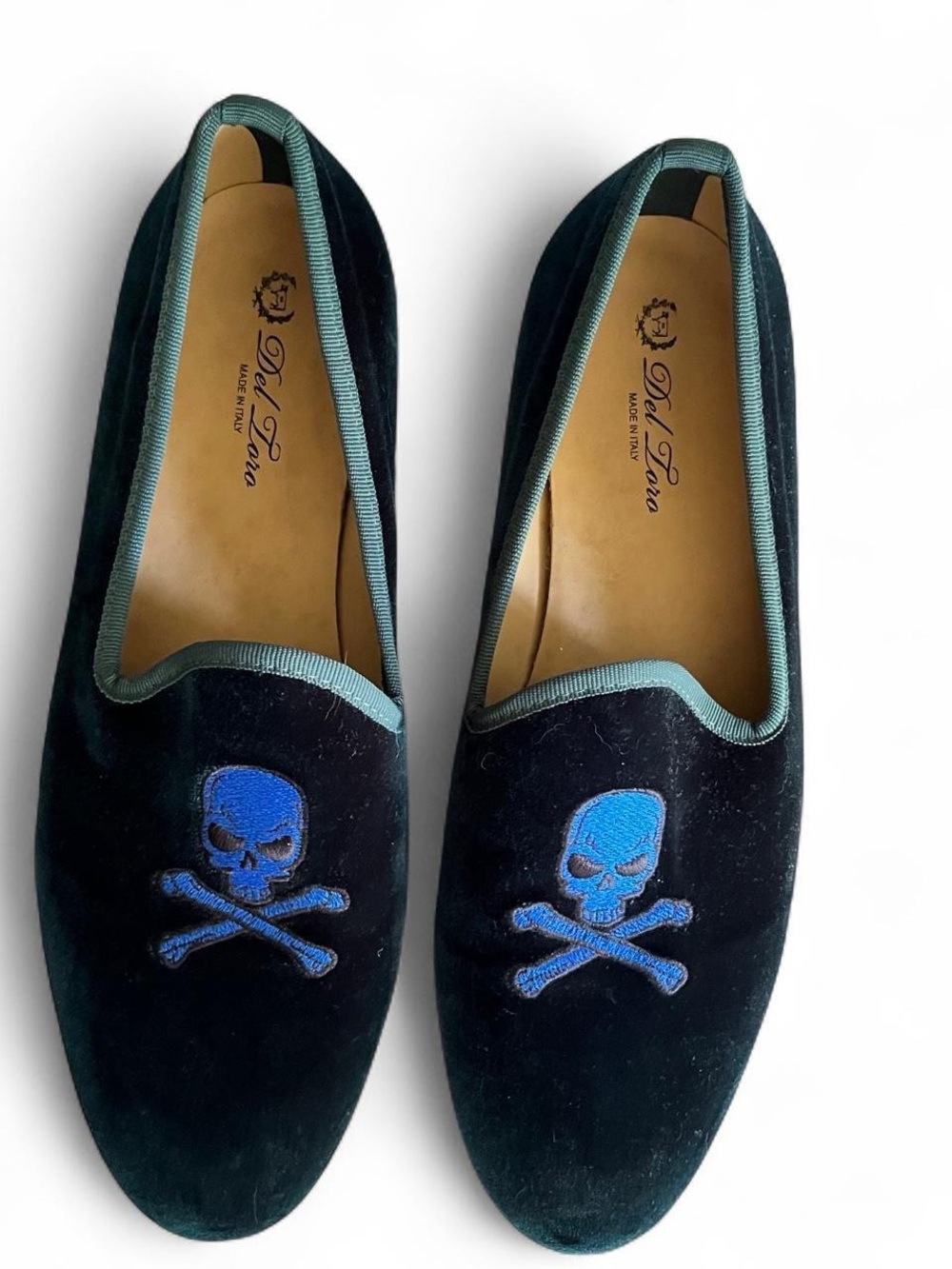 Del Toro Black Velvet Loafers with Blue Skull Embroidery